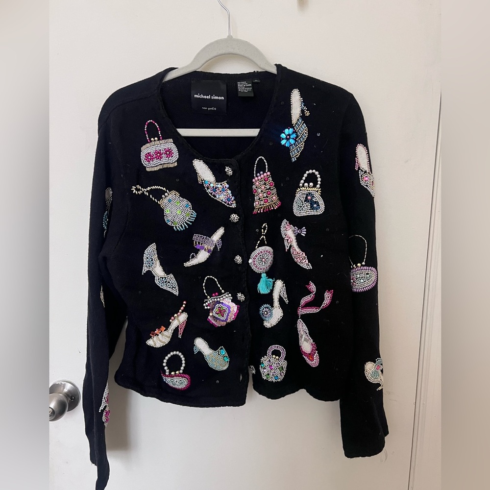 Vintage Michael Simon Embroidered and Beaded Shoe and Purse Black Cardigan
